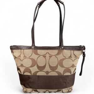Vintage COACH Signature Stripe Tote | Style F13548 | Khaki & Chocolate Colorway